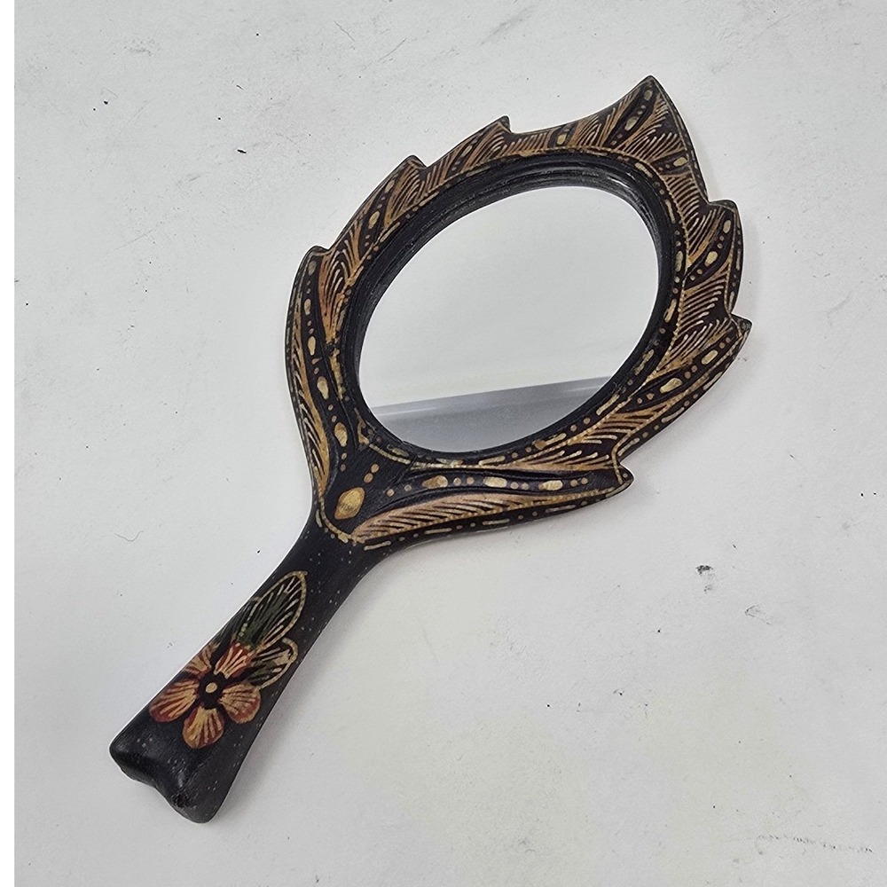 Vtg handheld mirror carved wood Asia Africa tribal earthy boho hippie folk art